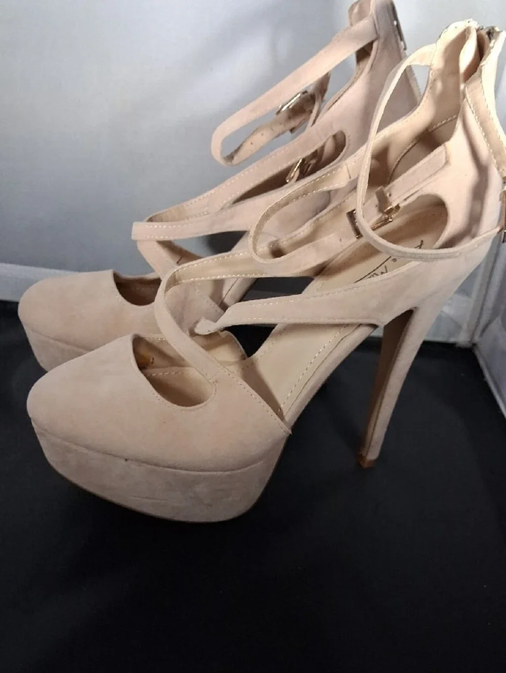 Anne Michelle Blush Nude Platform Crisscross Ankle-Strap Heels